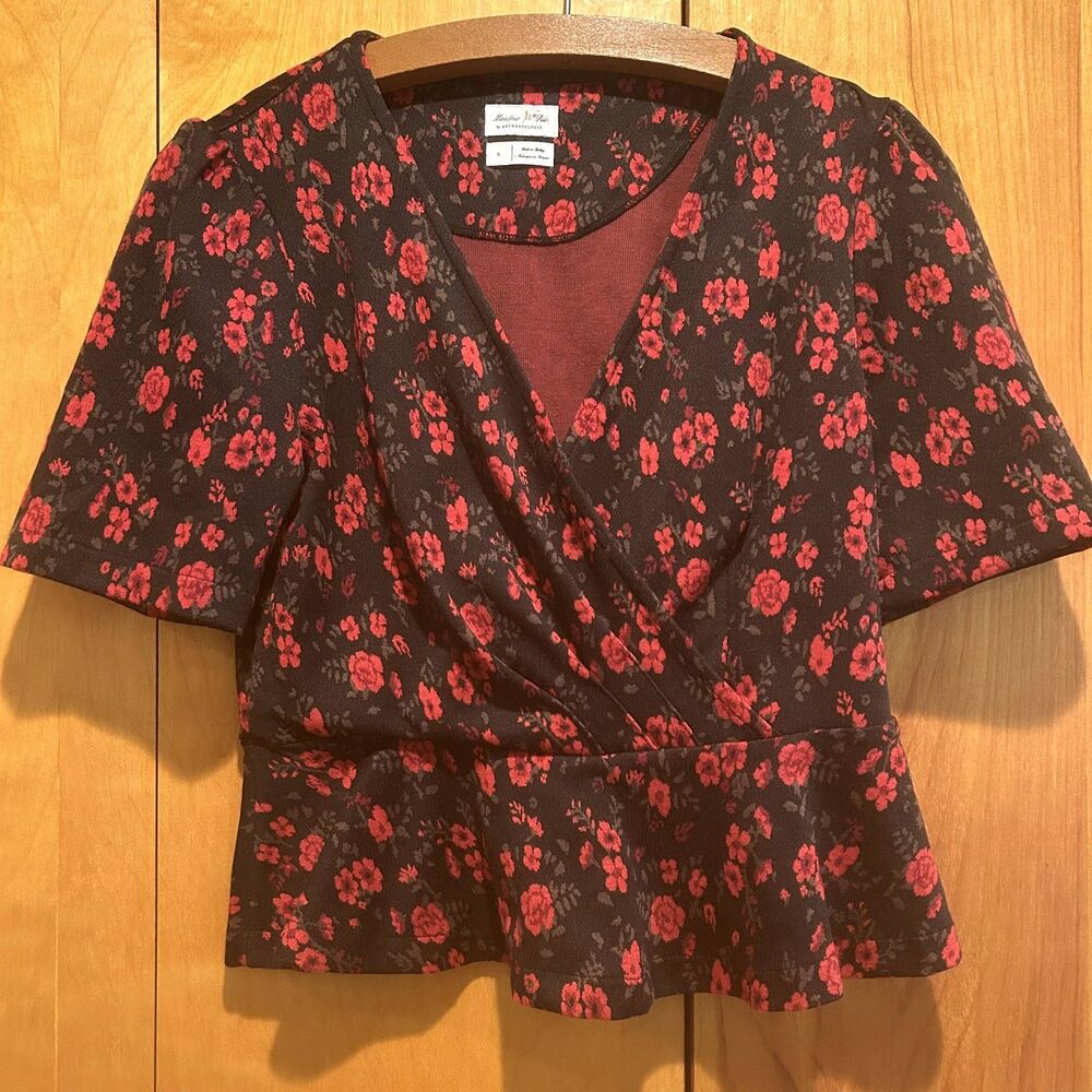 Meadow Rue-Black &‎ Red Floral Peplum Top-Sz S-Rockabilly-Retro Style